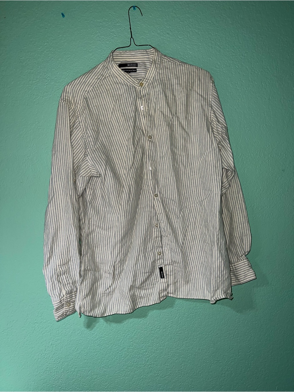 Murano White Button-Down Shirt with Thin Blue Stripes - Grandad Collar